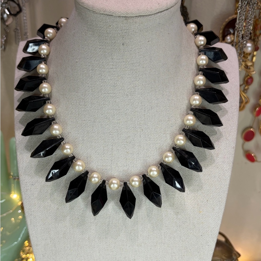 Vintage Faux Pearl Acrylic Necklace Black Dangle Beads Jewelry Goth Punk
